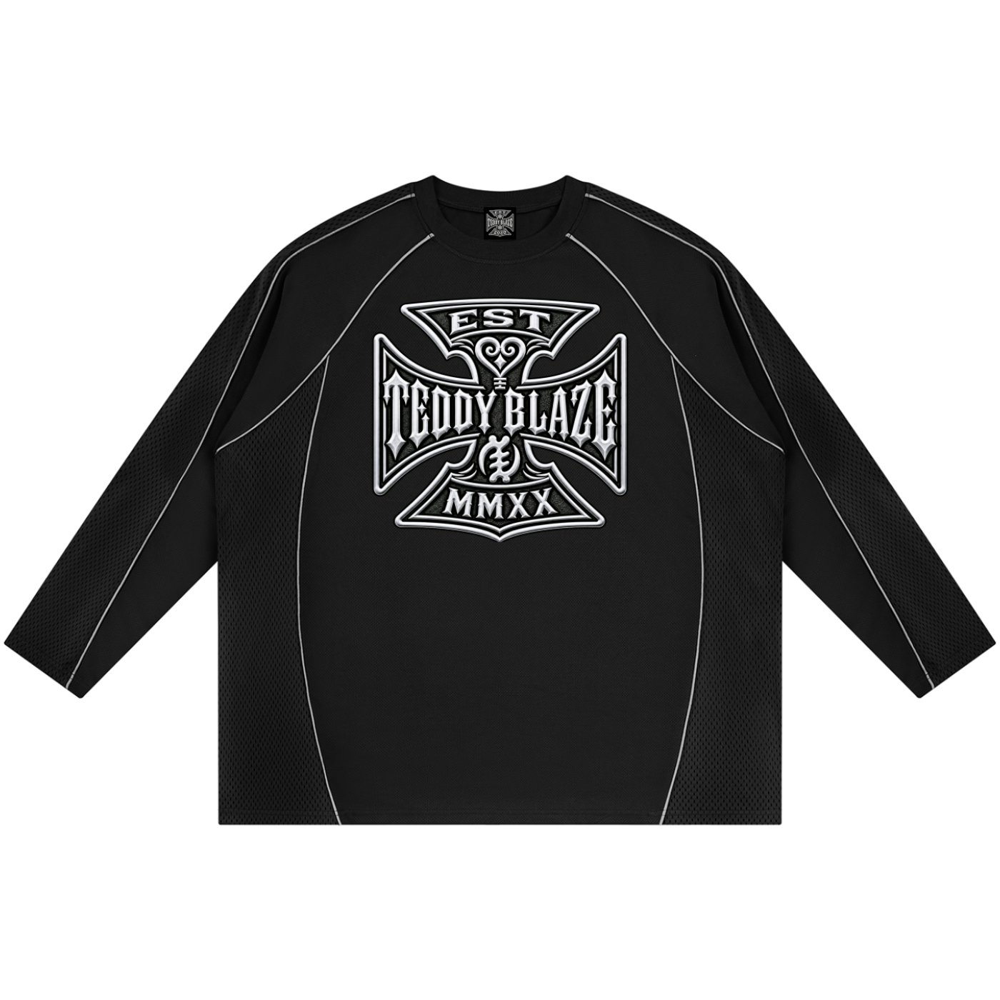 A black long-sleeve athletic jersey with white contrast stitching and a large white graphic on the chest reading 'EST. TEDDY BLAZE MMXX'.