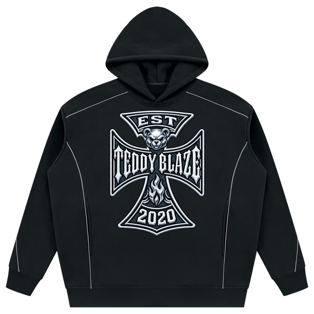 Shop the DaCruz Piping Detail Fleece Hooded Jumper by Teddy Blaze. Heavyweight 345 gsm fleece hoodie featuring white contrast piping and the DaCruz cross graphic.
