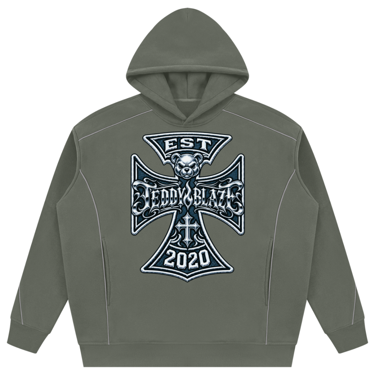 sage green hoodie, DaCruz pullover, piping detail fleece hoodie, 345 gsm fleece sweater, Teddy Blaze hoodie, IRON AND IVY collection, Black owned luxury streetwear, contrast piping hoodie, DaCruz cross sweatshirt, executive street style