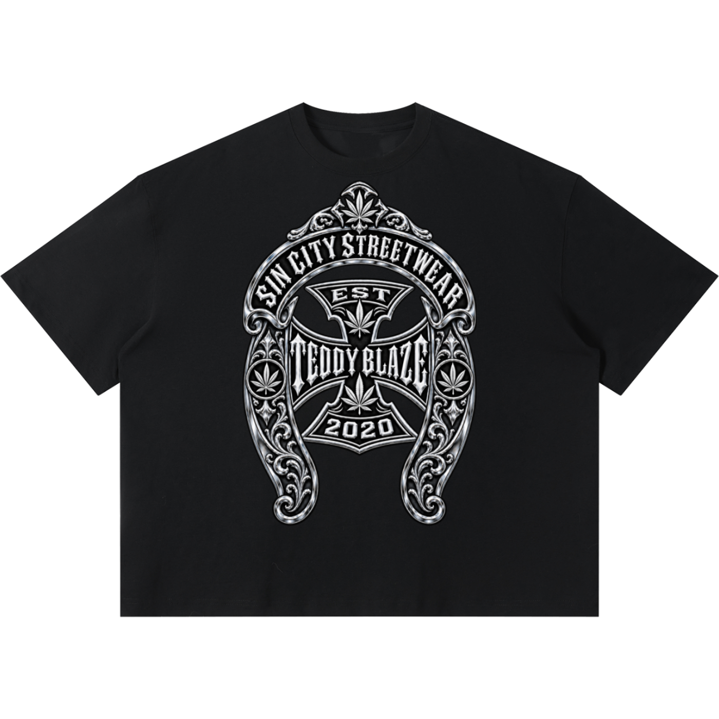 Shop the DaCruz Shoe Boxy Tee by Teddy Blaze. 220 GSM cotton-poly oversized drop-shoulder t-shirt with silver horseshoe filigree graphic from TOPS BY TEDDY BLAZE.