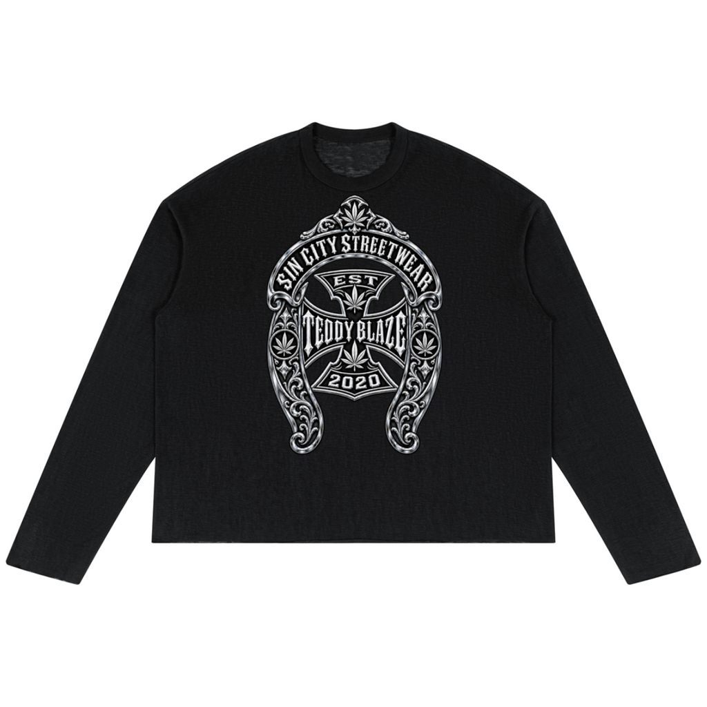 Shop the DaCruz Shoe Lyocell Blend Jumper by Teddy Blaze. 200 GSM Lyocell-poly oversized long-sleeve jumper with silver horseshoe filigree graphic.