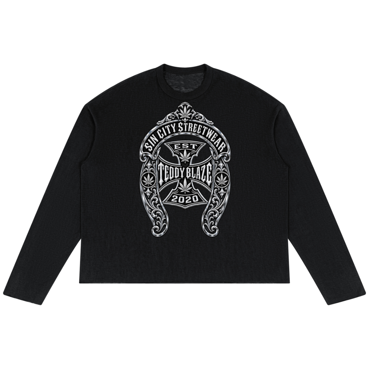 Shop the DaCruz Shoe Lyocell Blend Jumper by Teddy Blaze. 200 GSM Lyocell-poly oversized long-sleeve jumper with silver horseshoe filigree graphic.