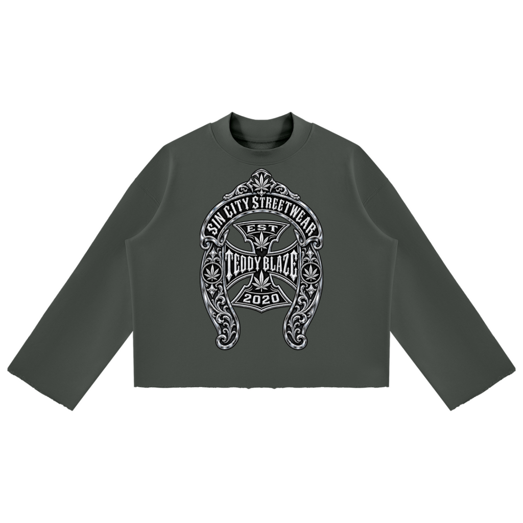 Shop the DaCruz Shoe Mock Neck Raw Edge Boxy Jumper by Teddy Blaze. 350 GSM heavy cotton oversized jumper with silver horseshoe graphic from WE OUTSIDE! OUTERWEAR.