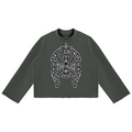 Shop the DaCruz Shoe Mock Neck Raw Edge Boxy Jumper by Teddy Blaze. 350 GSM heavy cotton oversized jumper with silver horseshoe graphic from WE OUTSIDE! OUTERWEAR.