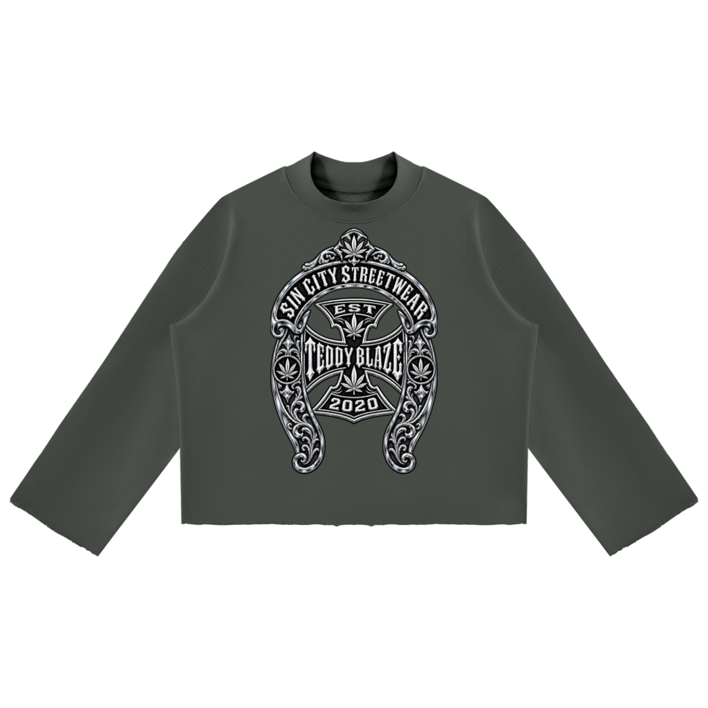 Shop the DaCruz Shoe Mock Neck Raw Edge Boxy Jumper by Teddy Blaze. 350 GSM heavy cotton oversized jumper with silver horseshoe graphic from WE OUTSIDE! OUTERWEAR.