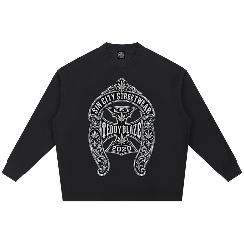 Shop the DaCruz Shoe Ribbed Knit Fleece Jumper by Teddy Blaze. 290 GSM cotton-poly oversized fleece jumper with silver horseshoe graphic from ON TOP.