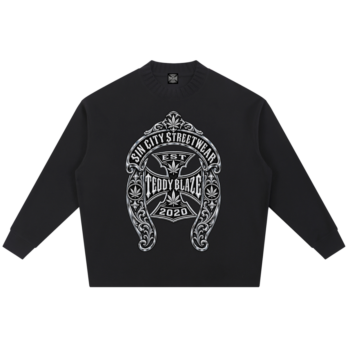 Shop the DaCruz Shoe Ribbed Knit Fleece Jumper by Teddy Blaze. 290 GSM cotton-poly oversized fleece jumper with silver horseshoe graphic from ON TOP.