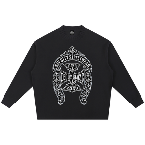 Shop the DaCruz Shoe Ribbed Knit Fleece Jumper by Teddy Blaze. 290 GSM cotton-poly oversized fleece jumper with silver horseshoe graphic from ON TOP.
