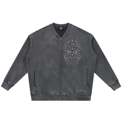 Shop the DaCruz Shoe Vintage Washed Fleece Baseball Jacket by Teddy Blaze. 360 GSM heavy fleece zip jacket with silver horseshoe graphics from WE OUTSIDE!