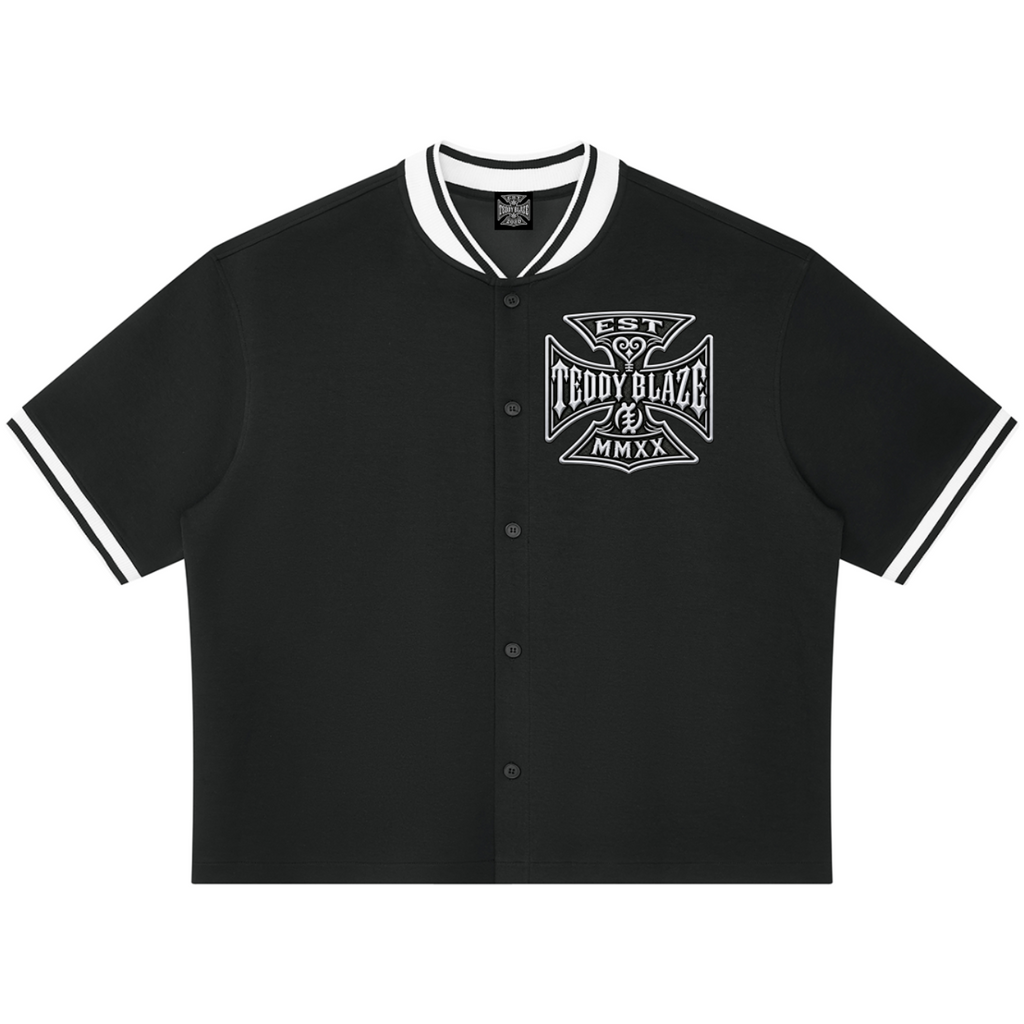 Oversized unisex black baseball jersey with striped trim, a DaCruz chest crest, and Teddy Blaze Signature back graphic.
