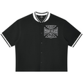 Oversized unisex black baseball jersey with striped trim, a DaCruz chest crest, and Teddy Blaze Signature back graphic.