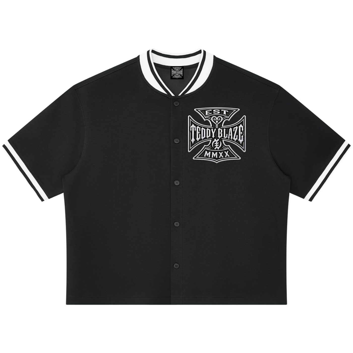 Oversized unisex black baseball jersey with striped trim, a DaCruz chest crest, and Teddy Blaze Signature back graphic.