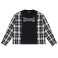 A long-sleeve crop top featuring a solid black center panel with a gothic 'TEDDY BLAZE' graphic, and black-and-white plaid sleeves, shown flat on a white background.