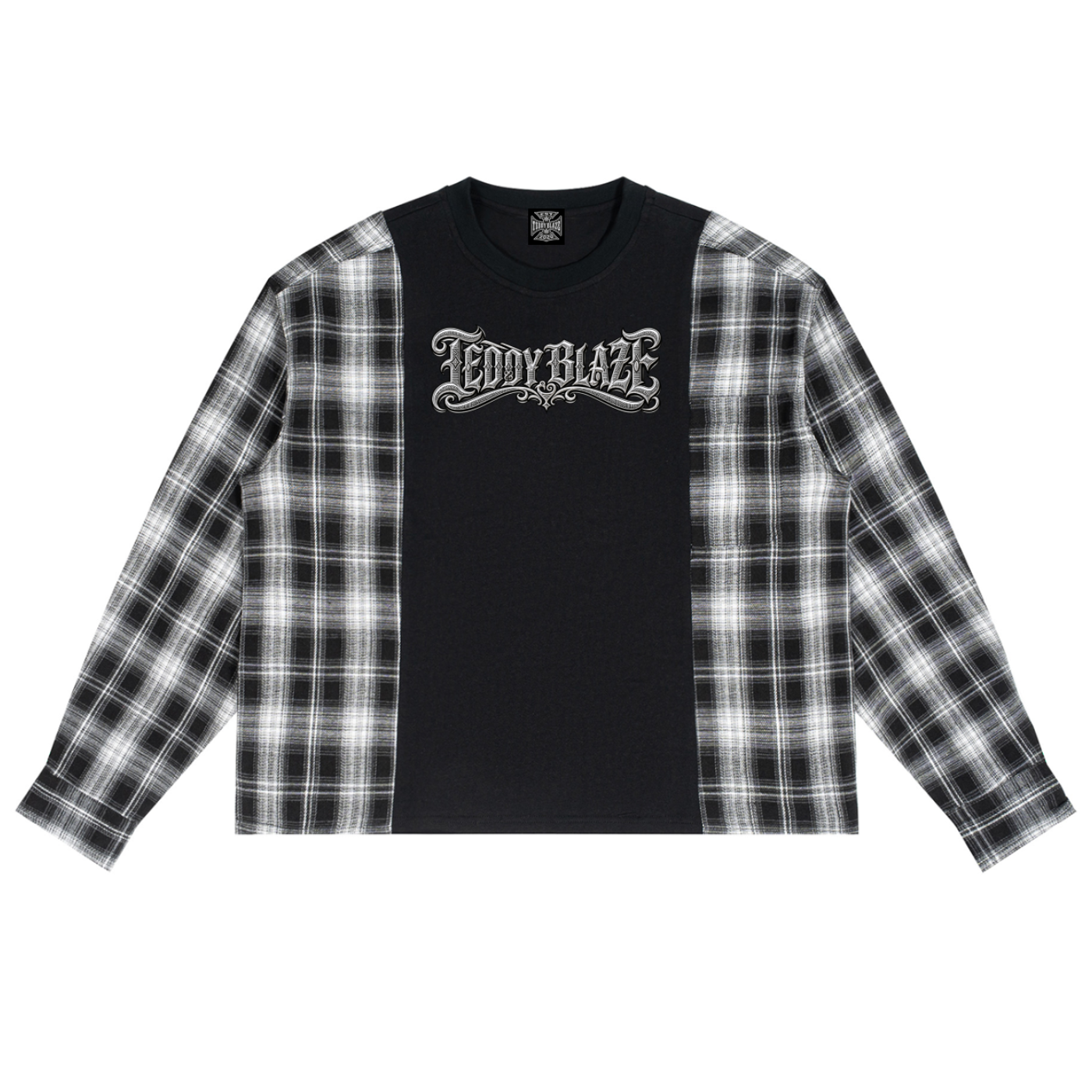 A long-sleeve crop top featuring a solid black center panel with a gothic 'TEDDY BLAZE' graphic, and black-and-white plaid sleeves, shown flat on a white background.