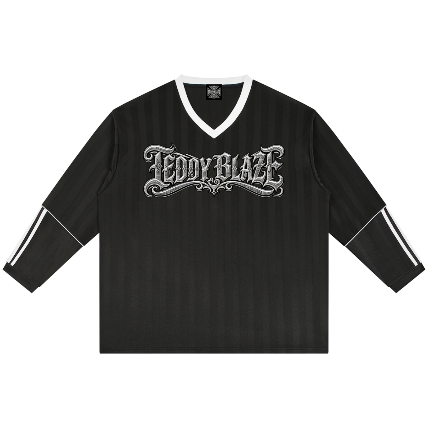 Unisex black striped soccer jersey with a Teddy Blaze Signature front graphic and an oversized DaCruz crest across the back.