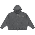 A dark gray mineral-wash zip-up hoodie with a gothic-style 'Teddy Blaze' graphic printed on the left chest, displayed flat against a solid white background.