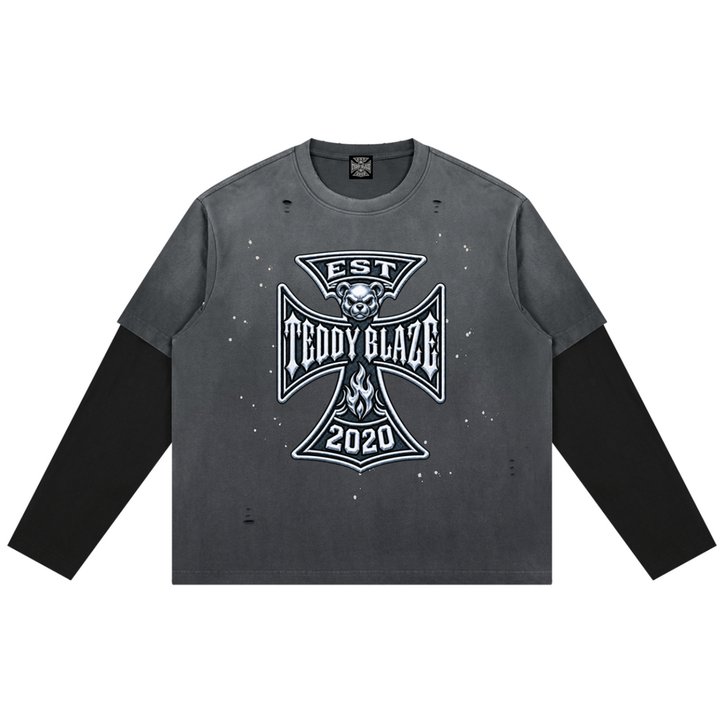 Shop the DaCruz Vintage Wash Distressed Layered Cotton Jumper by Teddy Blaze. 270 gsm mineral-wash cotton jumper featuring faux double sleeves, distressing, and the DaCruz cross crest.