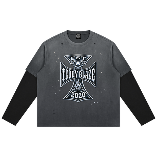 Shop the DaCruz Vintage Wash Distressed Layered Cotton Jumper by Teddy Blaze. 270 gsm mineral-wash cotton jumper featuring faux double sleeves, distressing, and the DaCruz cross crest.