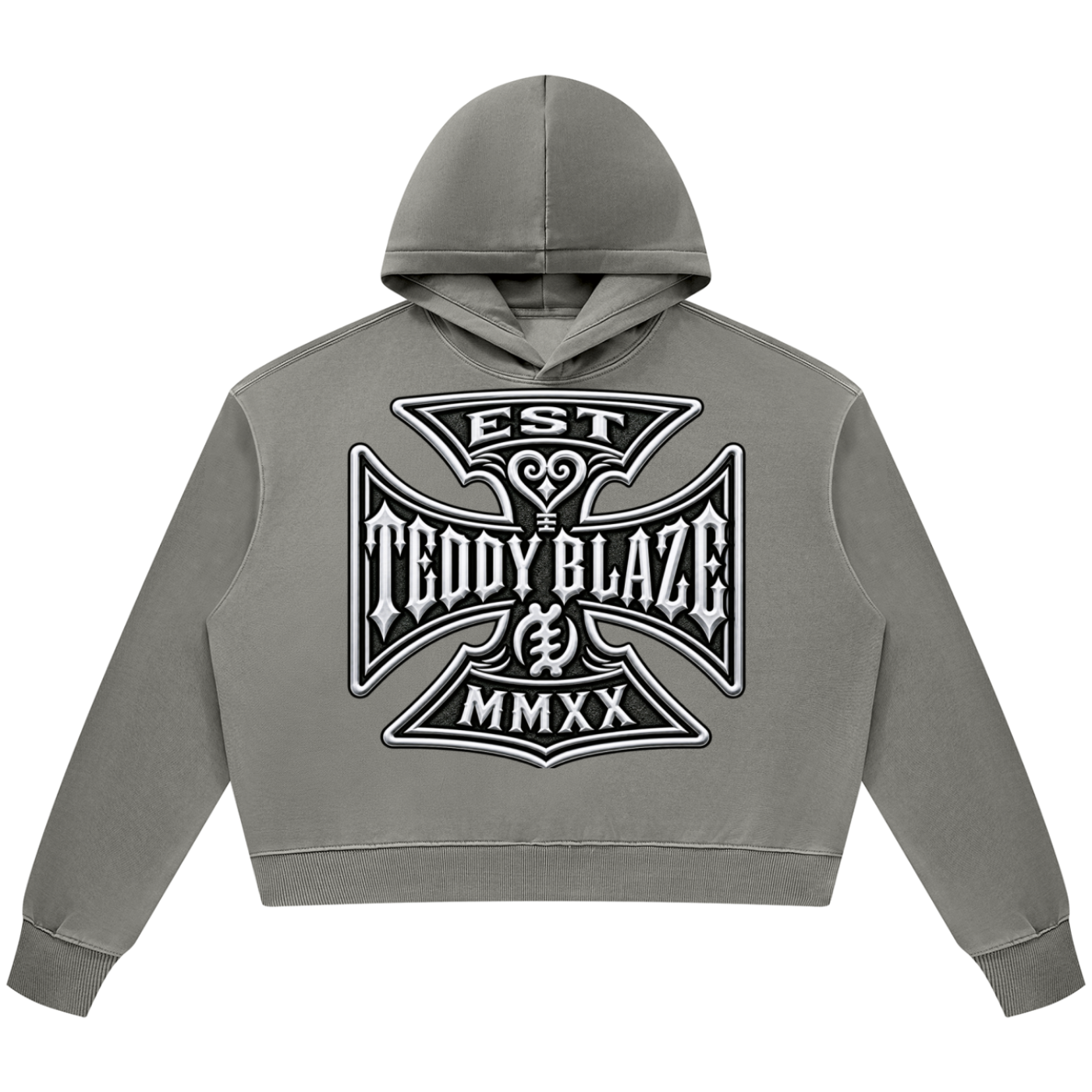 Heavyweight vintage-wash hooded jumper in a cotton-poly blend, finished with the new Teddy Blaze crest across the front.