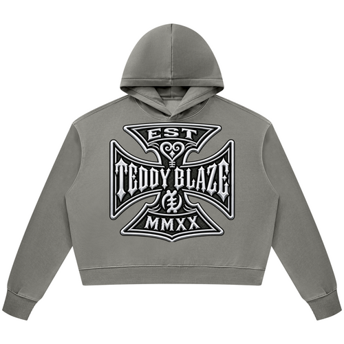 Heavyweight vintage-wash hooded jumper in a cotton-poly blend, finished with the new Teddy Blaze crest across the front.