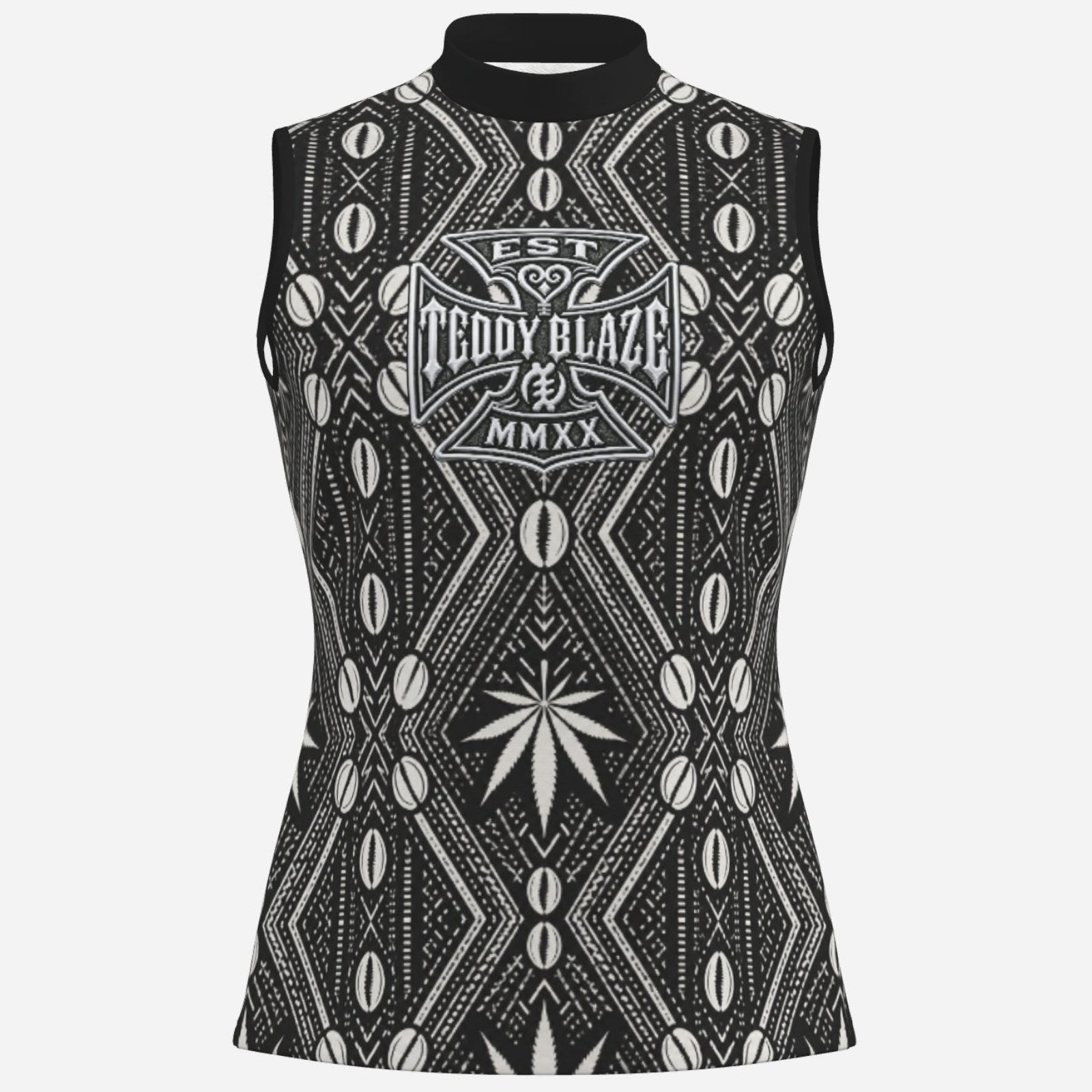 Teddy Blaze Mock Neck Tank in 190 GSM matte stretch fabric, finished with an all-over DaChek™ pattern and DaCruz chest emblem.