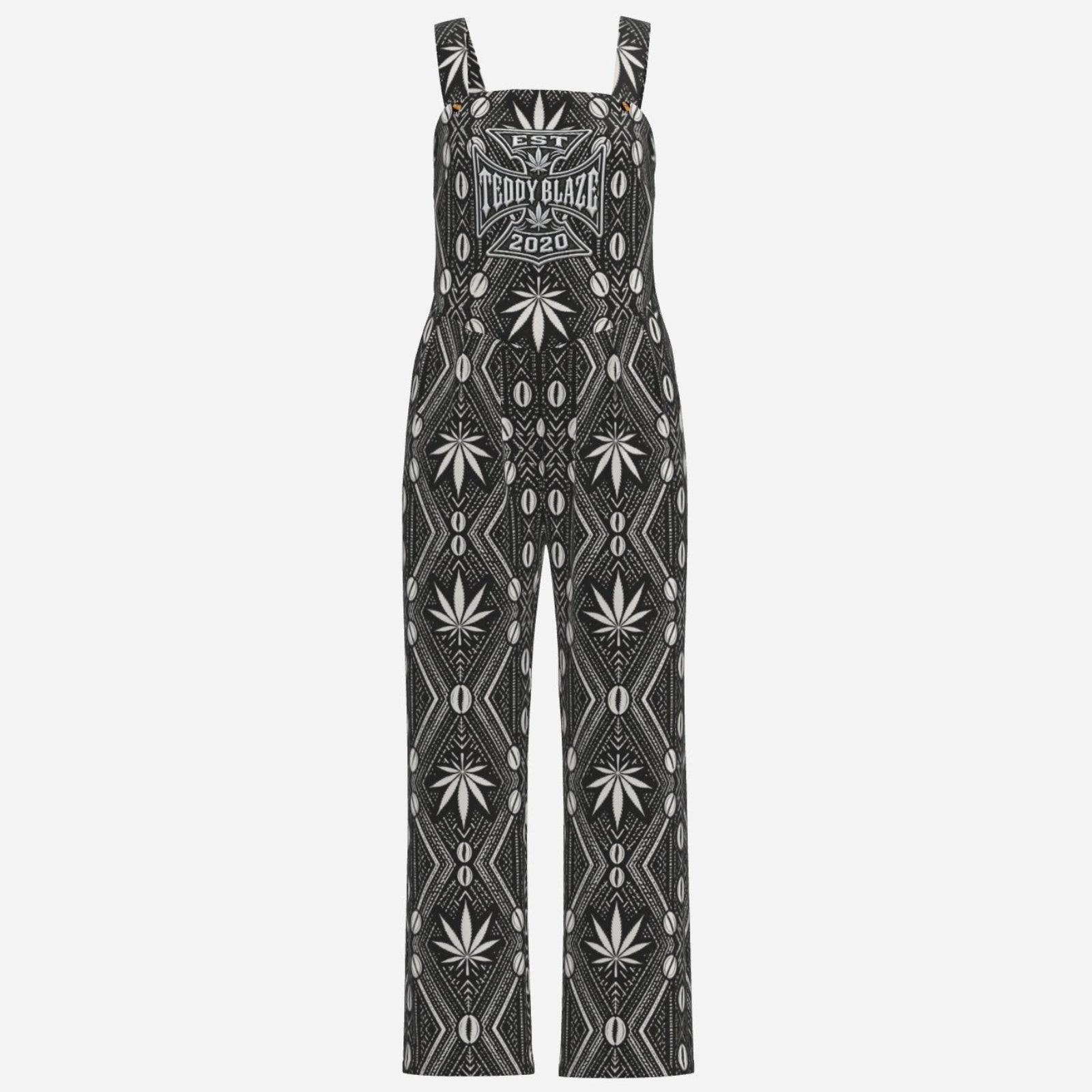 Full-length Teddy Blaze overalls in lightweight polyester, featuring the DaCruz crest bib and all-over black-and-white DaChek™ pattern.