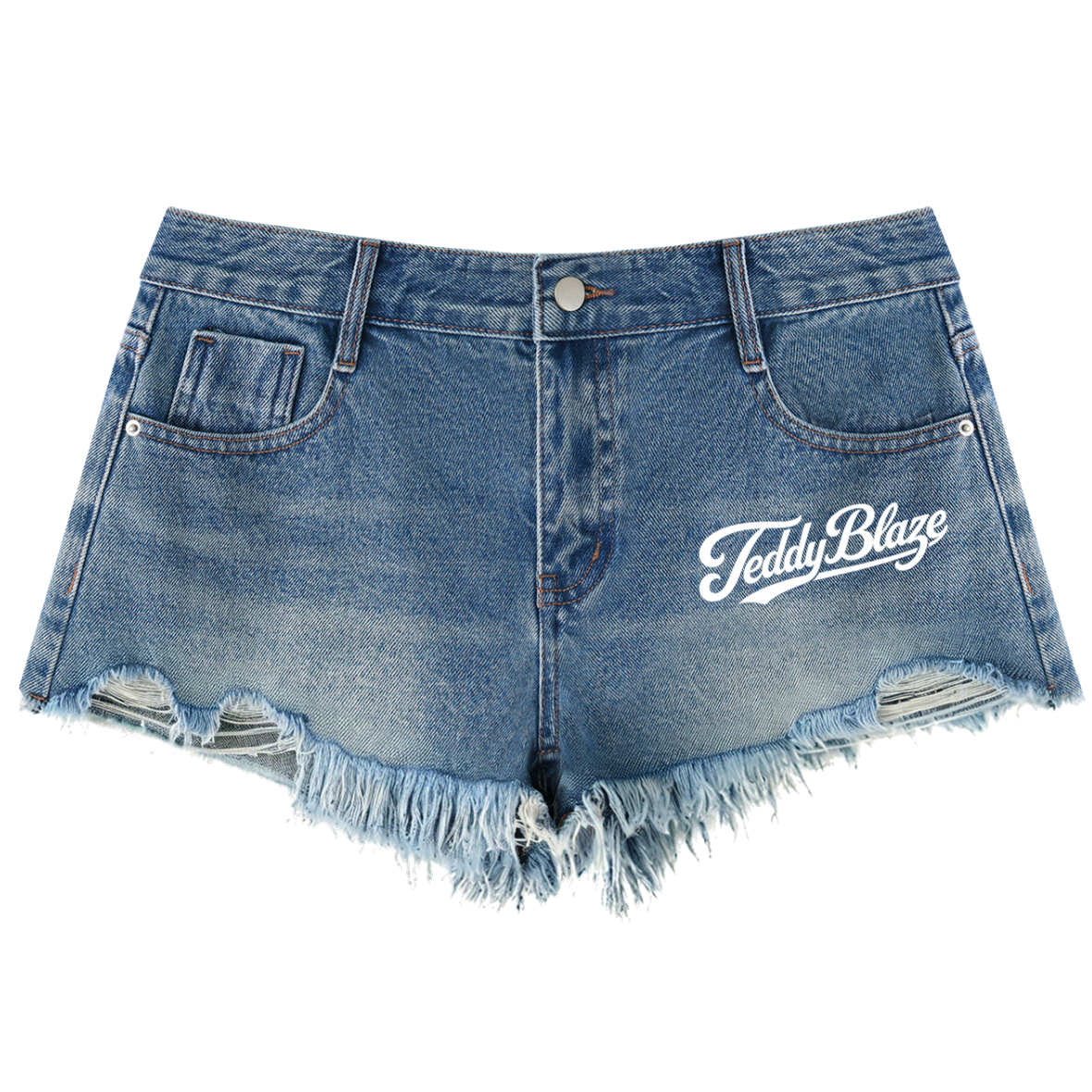 Women’s vintage wash denim shorts with a raw frayed hem, white Signature front graphic, cotton-blend denim, and BK Collection streetwear energy.