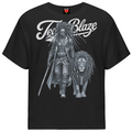 A black short-sleeve t-shirt with a large graphic print featuring a warrior with dreadlocks holding a sword and a lion. The text 'True Blaze' is printed in a stylized white font across the chest.