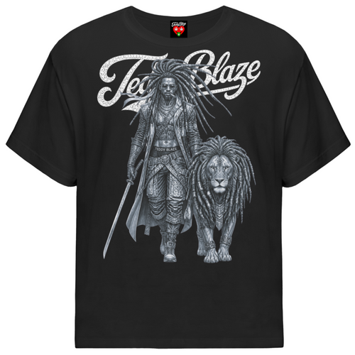 A black short-sleeve t-shirt with a large graphic print featuring a warrior with dreadlocks holding a sword and a lion. The text 'True Blaze' is printed in a stylized white font across the chest.