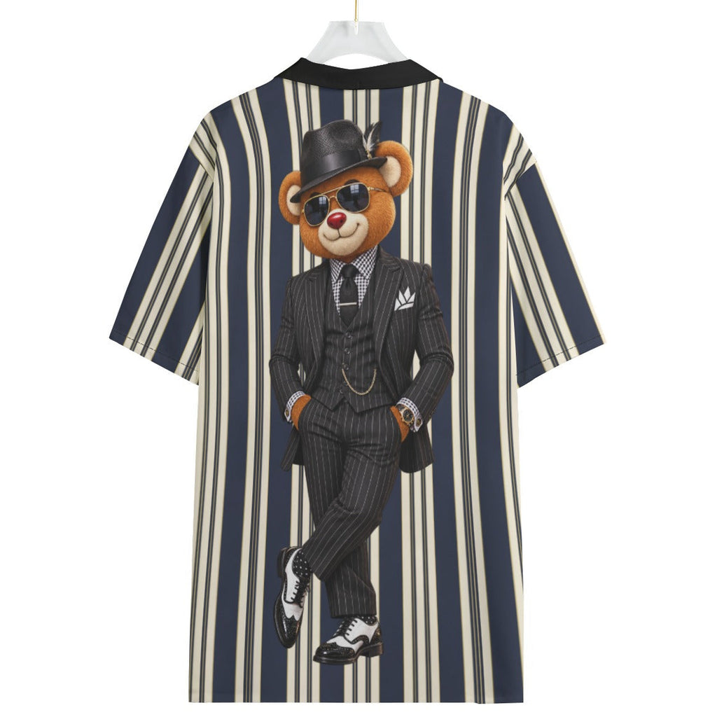 Shop the Dapper Blaze Camp Shirt by Teddy Blaze. 120 GSM lightweight navy striped resort button-down with pinstripe-suited bear back art from WHAT'S ON TOP.