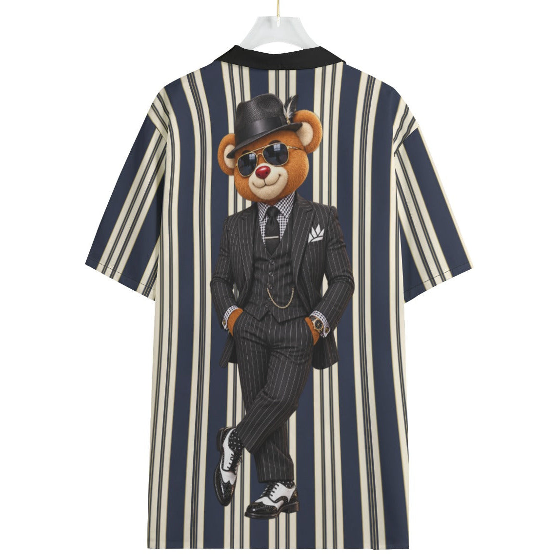 Shop the Dapper Blaze Camp Shirt by Teddy Blaze. 120 GSM lightweight navy striped resort button-down with pinstripe-suited bear back art from WHAT'S ON TOP.