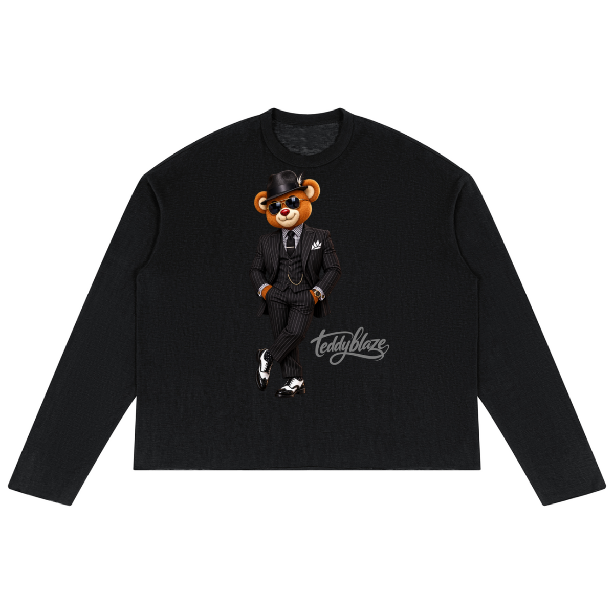 Shop the Dapper Blaze Lyocell Blend Jumper by Teddy Blaze. 200 GSM Lyocell-poly oversized long-sleeve jumper with pinstripe-suited bear graphic.