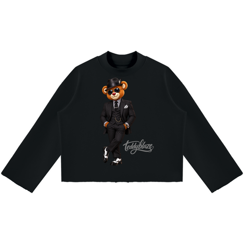 Shop the Dapper Blaze Mock Neck Raw Edge Boxy Jumper by Teddy Blaze. 350 GSM heavy cotton oversized jumper with pinstripe-suited bear graphic from WE OUTSIDE! OUTERWEAR.