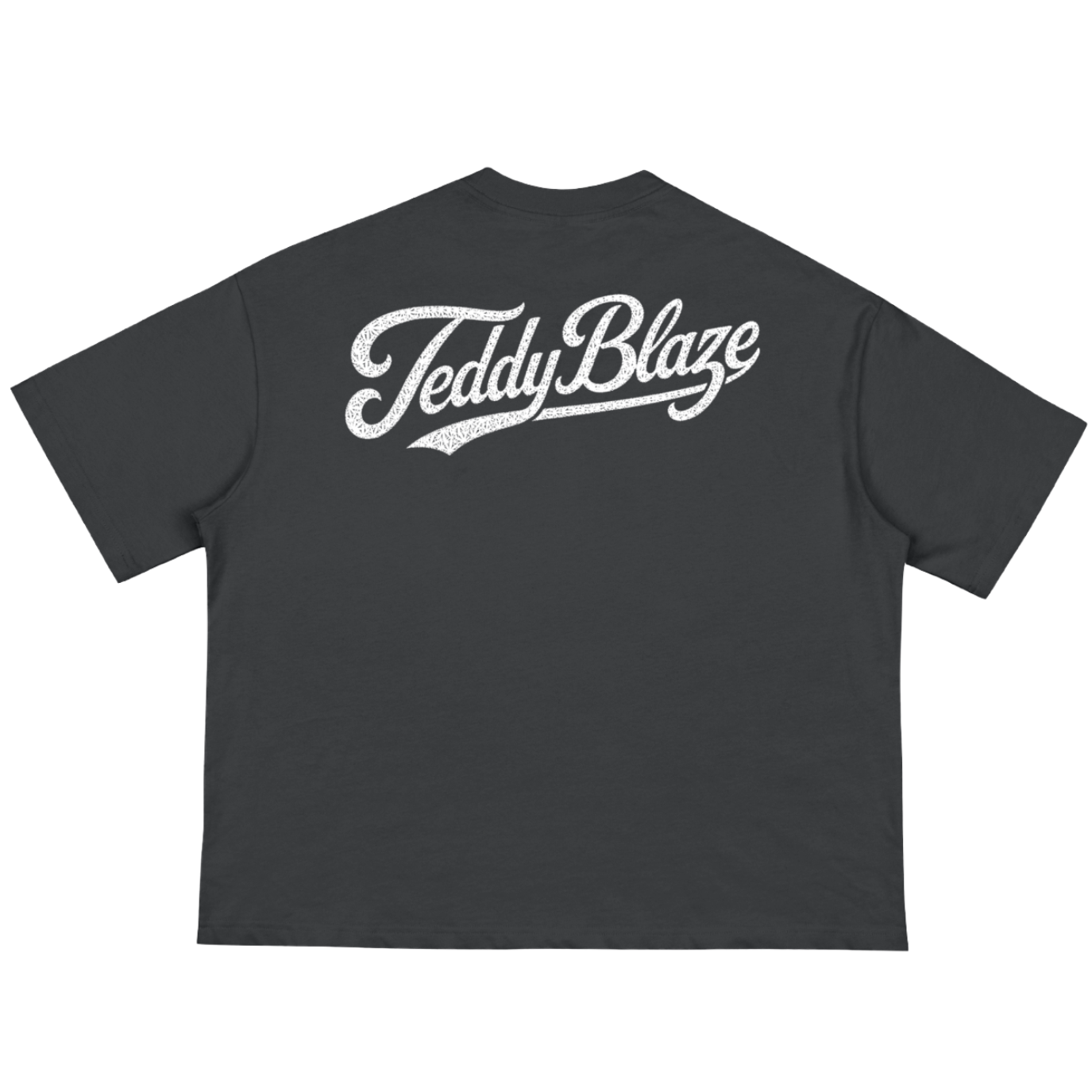 A dark gray short-sleeve t-shirt shown from the back, featuring a distressed white 'TeddyBlaze' logo printed across the upper back.