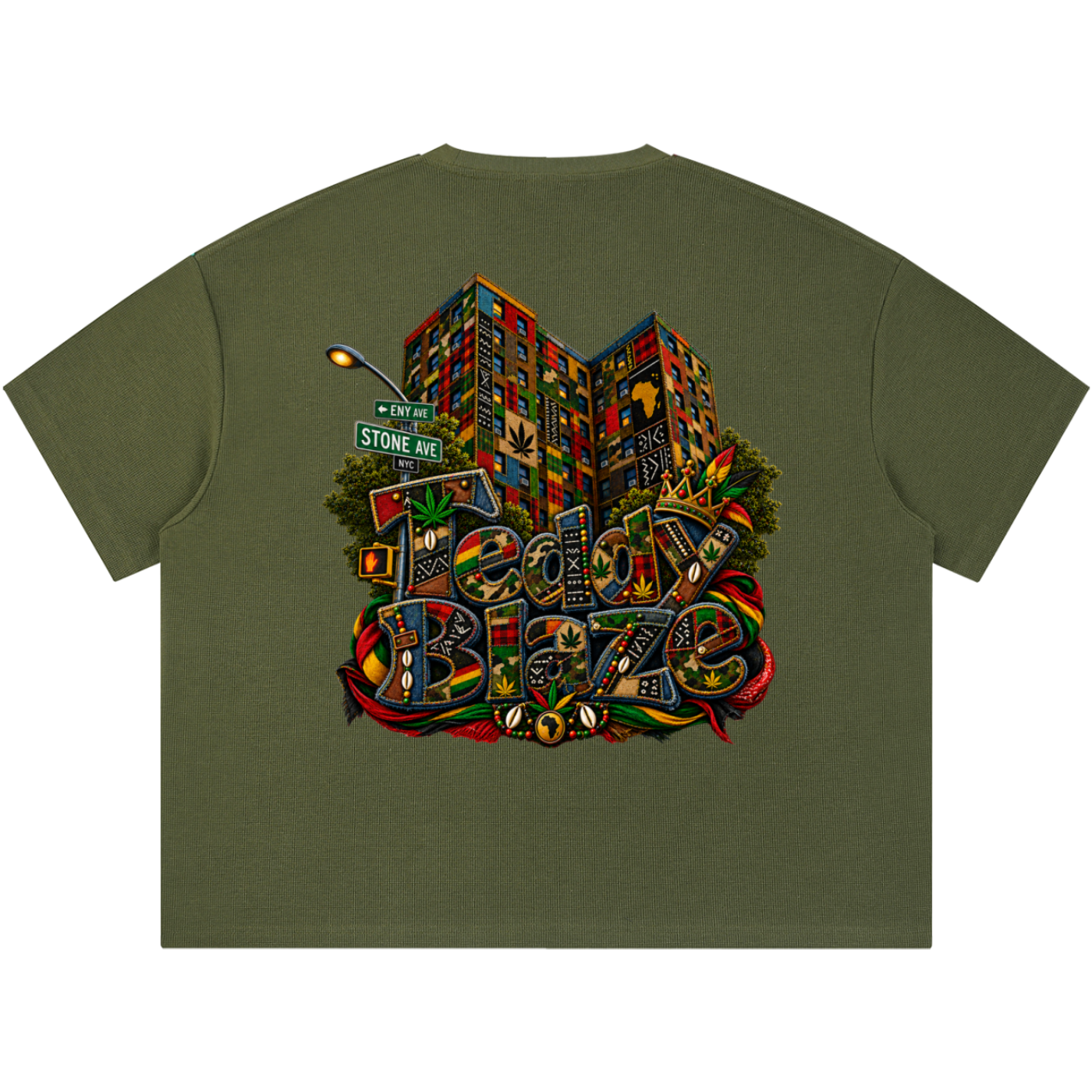 Shop the ENY Bearatoo Boxy Tee by Teddy Blaze, a heavyweight-feel graphic streetwear tee connecting Bearatoo, East New York and Afrodemia Americana.