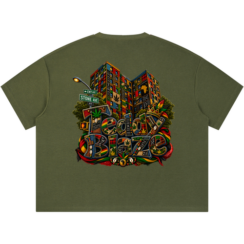 Shop the ENY Bearatoo Boxy Tee by Teddy Blaze, a heavyweight-feel graphic streetwear tee connecting Bearatoo, East New York and Afrodemia Americana.