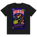 A black short-sleeve crewneck t-shirt featuring a large, colorful graphic print on the front. The graphic is styled like a vintage candy package, with 'TEDDY BLAZE' in bold red letters at the top, a cartoon teddy bear wearing a cap and holding a cigar, and 'BERRYBERRY' in purple at the bottom.