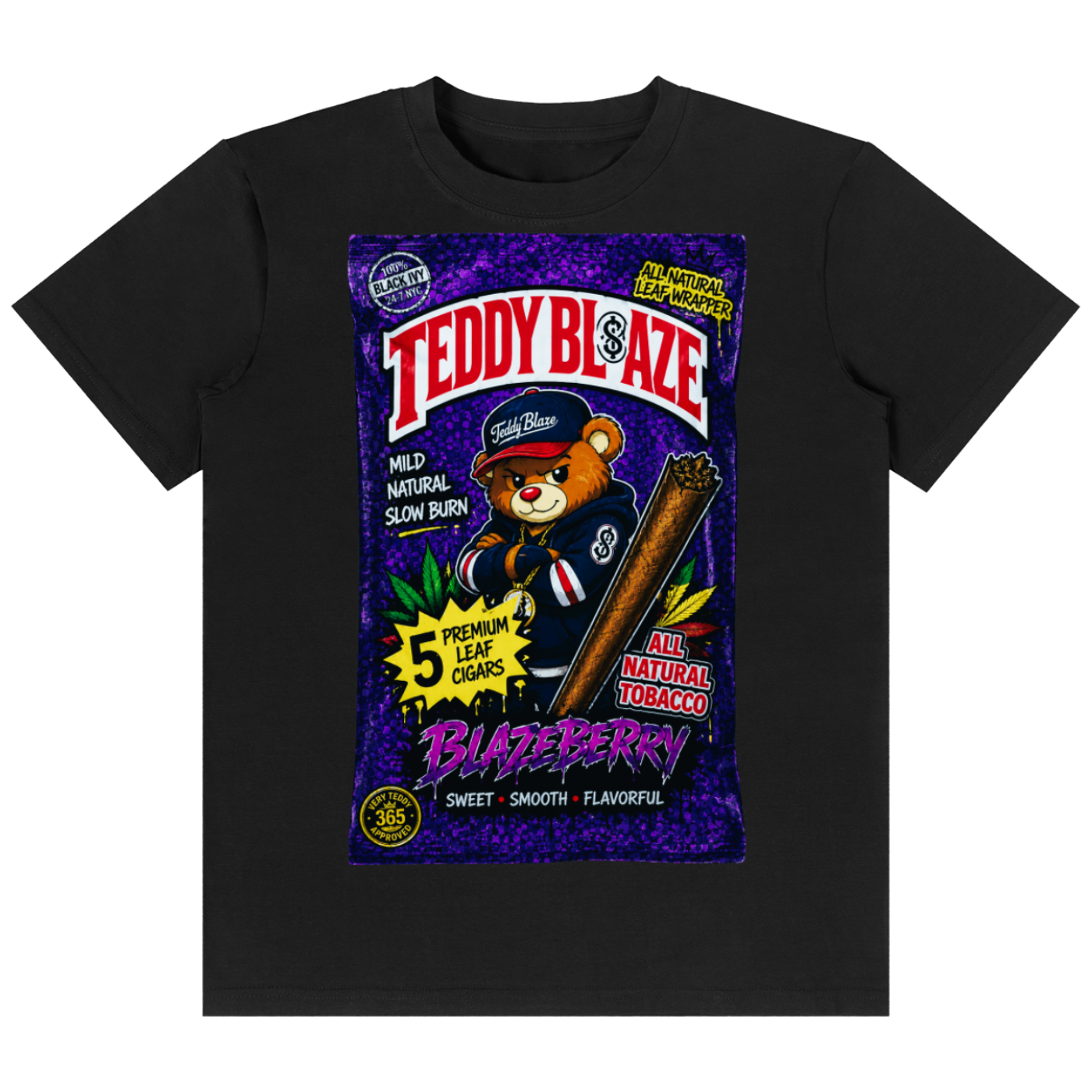 A black short-sleeve crewneck t-shirt featuring a large, colorful graphic print on the front. The graphic is styled like a vintage candy package, with 'TEDDY BLAZE' in bold red letters at the top, a cartoon teddy bear wearing a cap and holding a cigar, and 'BERRYBERRY' in purple at the bottom.