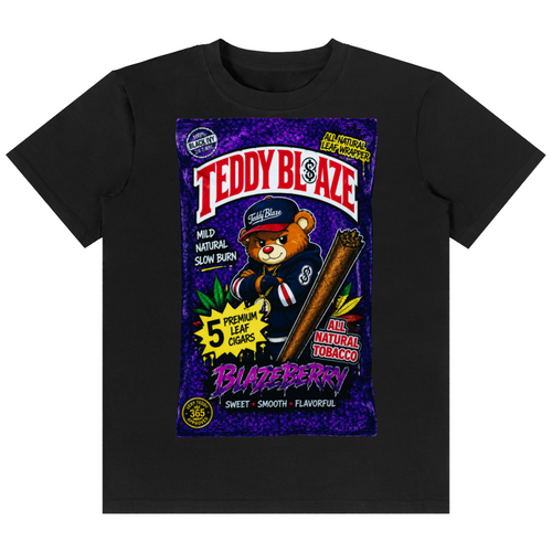 A black short-sleeve crewneck t-shirt featuring a large, colorful graphic print on the front. The graphic is styled like a vintage candy package, with 'TEDDY BLAZE' in bold red letters at the top, a cartoon teddy bear wearing a cap and holding a cigar, and 'BERRYBERRY' in purple at the bottom.