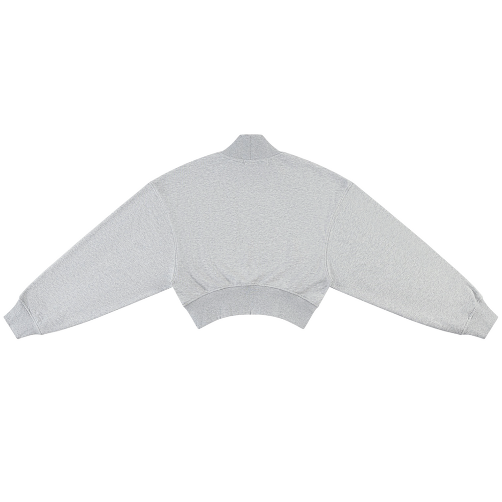 Shop the Signature Cropped Mock Neck Jumper by Teddy Blaze. Heather gray 280 GSM fleece cropped sweater featuring "TEDDY★BLAZE" stencil typography from THE BLAZE WOMAN.
