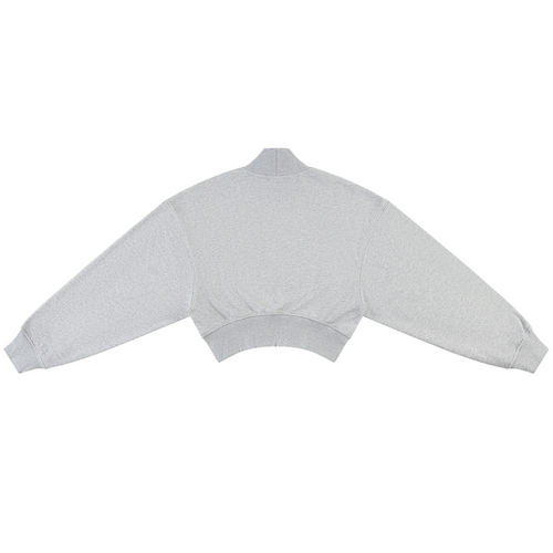 Shop the Signature Cropped Mock Neck Jumper by Teddy Blaze. Heather gray 280 GSM fleece cropped sweater featuring "TEDDY★BLAZE" stencil typography from THE BLAZE WOMAN.