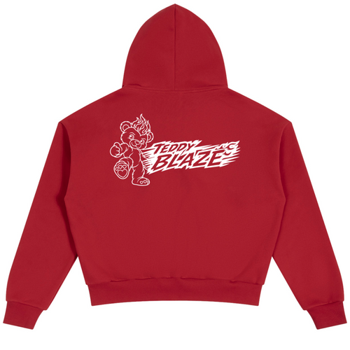 A red cropped hoodie shown from the back, featuring a white graphic print of a cartoon mascot and the text 'TEDDY BLAZE' across the upper back.