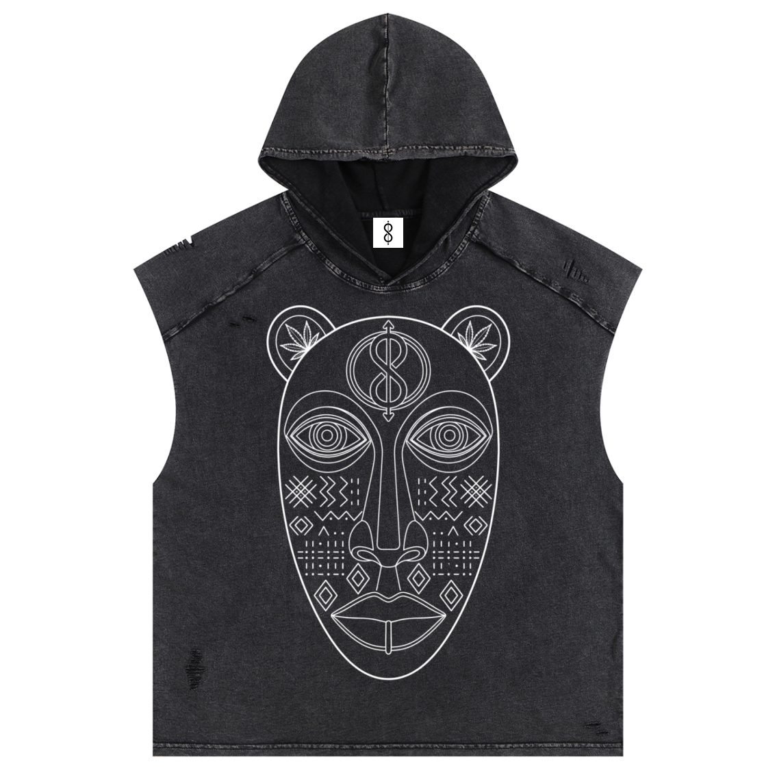 A sleeveless hooded crop top in washed black denim featuring a large white line-art graphic of an African-style mask on the front, shown against a plain white background.