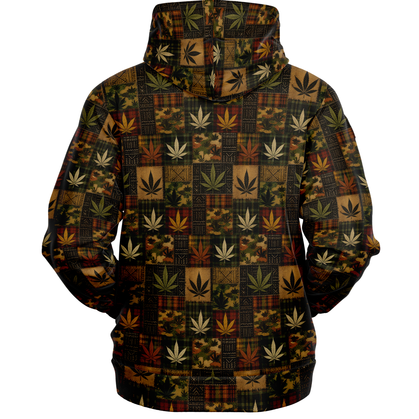 Discover the Teddy Blaze Patchwork Kush Hooded Jumper, blending cannabis botanicals, tartan checks, camo and mudcloth-inspired pattern in AfroBohemian streetwear.