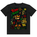 A black short-sleeve crewneck t-shirt featuring a large, colorful graphic print on the front. The graphic is themed around 'Teddy Blaze' and includes illustrations of a teddy bear, a skull, a money bag, a dollar sign, a sydney smiley face, and cannabis leaves in red, green, and yellow.