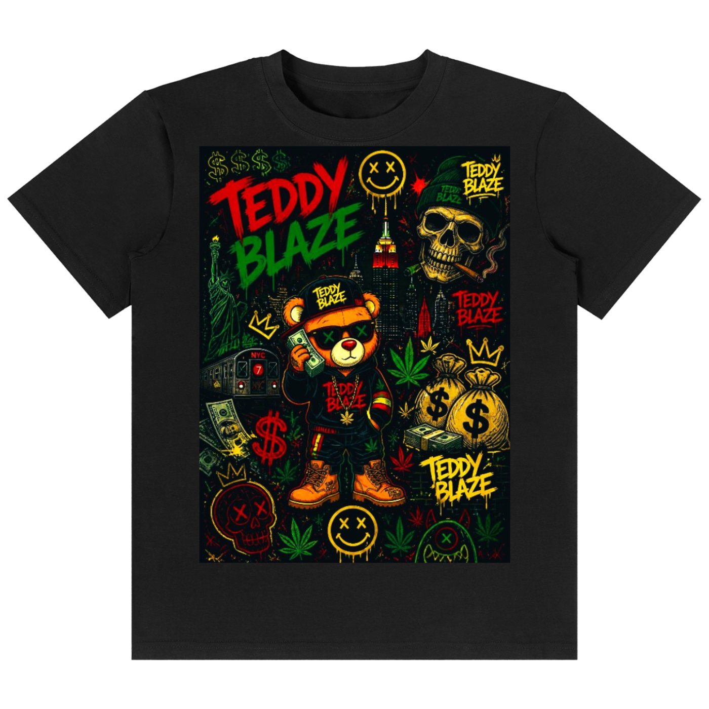 A black short-sleeve crewneck t-shirt featuring a large, colorful graphic print on the front. The graphic is themed around 'Teddy Blaze' and includes illustrations of a teddy bear, a skull, a money bag, a dollar sign, a sydney smiley face, and cannabis leaves in red, green, and yellow.