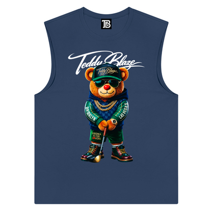 Navy blue tank top with a bear graphic and 'Teddy Blazin' text on a white background