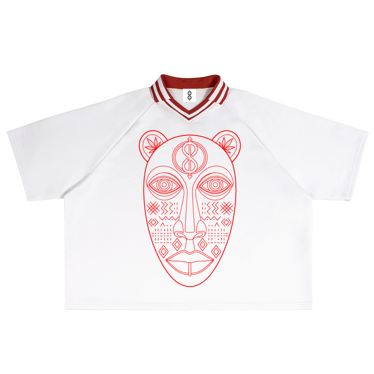 A white short-sleeve polo shirt with a red and white striped V-neck collar and a large red line-art graphic of a stylized face on the front, shown against a plain white background.