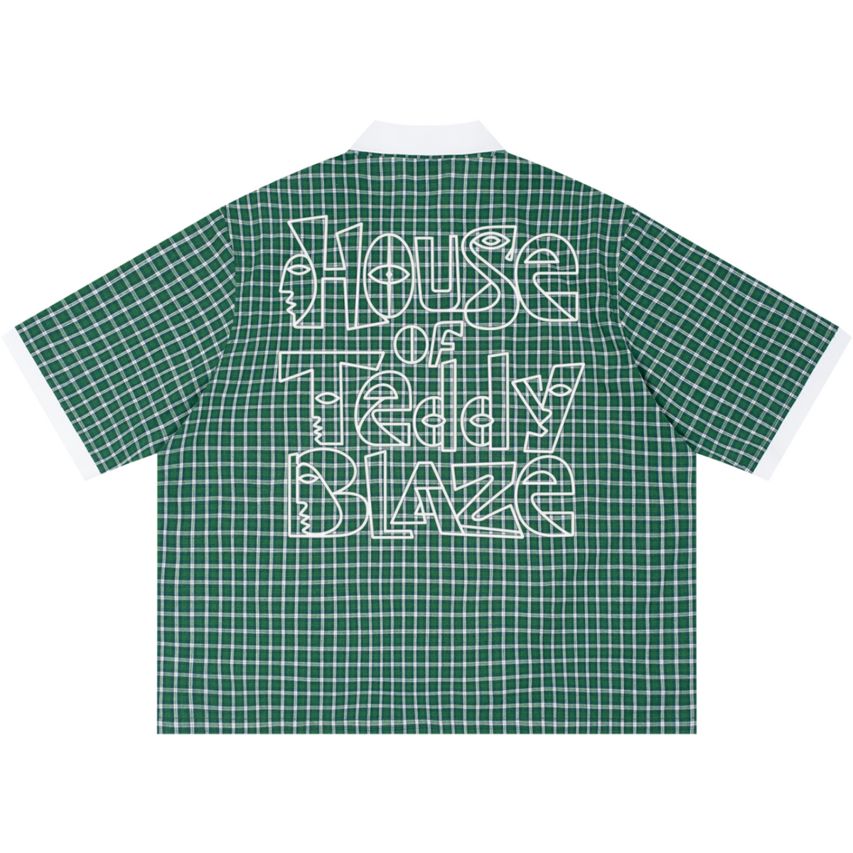A green and white checkered short-sleeve shirt shown from the back, featuring a large white graphic text print that reads 'House of Teddy Blaze'.