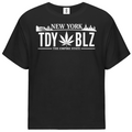A black short-sleeve crewneck t-shirt with a white graphic print on the chest reading 'NEW YORK TDY BLZ' and 'THE EMPIRE STATE' with a cannabis leaf symbol, shown on a plain white background.